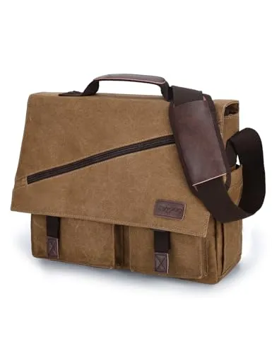 RAVUO Umhängetasche Herren, 15,6 Laptoptasche Aktentasche Wasserdichte Canvas Groß Arbeitstasche Messenger Bag Laptop-schultertaschen Tasche Braun