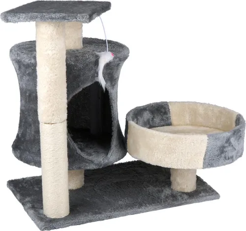 Pet Comfort Kratzbaum - Kompakter Katzenbaum mit Spielzeug und Höhle - Grau/Beige - Vielseitiger Kratzbaum für Katzen, ideal für kleine Räume. Mit Versteckhaus, Plattform und interaktivem Spielzeug bietet er Spiel und Entspannung in einem kompakten Design (50x33x58 cm). Perfekt für Katzen aller Größen.