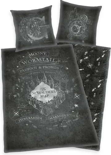 Harry Potter Karte des Rumtreibers Wendebettwäsche 2tlg 135 x 200 cm - Bettwäsche für Harry Potter Fans: Hochwertige 100% Baumwolle mit wechselbarem Design, pflegeleicht und waschbar bei 60°C, ideal für ein magisches Schlafambiente.