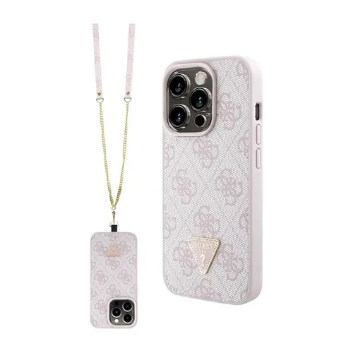 iPhone 15 Pro Hülle Guess PU 4G mit Strass und Crossbody Strap - Taschen & Schutzhüllen, stylische Schutzhülle in Rosa mit Strass-Details und praktischem Crossbody Strap für zusätzlichen Komfort.