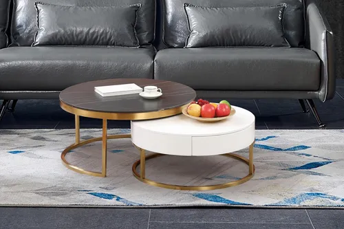 Designer Couchtisch Set 2x – Kaffeetisch & Beistelltisch in Gold - Elegantes Couchtisch-Set aus Marmor, ideal für moderne Wohnzimmer. Mit durchdachten Maßen von 80 cm Durchmesser und 45 cm Höhe, bringt es Stil und Funktionalität in Ihr Zuhause.