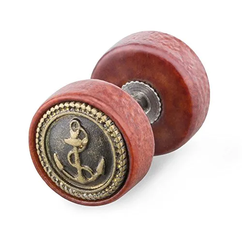 Piercingfaktor Runde Ohrring Ohrstecker Fake Piercing Ohr Plug Flesh Tunnel Kreis Platte Stecker Holz Braun Gold mit Anker