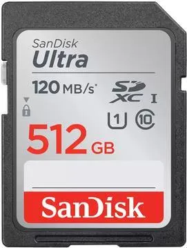 SanDisk Ultra SDXC UHS-I 512 GB Speicherkarte - Speicherkarten für Kompaktkameras, ideal für Full-HD-Videos mit 120 MB/s Übertragungsgeschwindigkeit und robusten Eigenschaften: wasserdicht, temperaturbeständig und stoßfest.