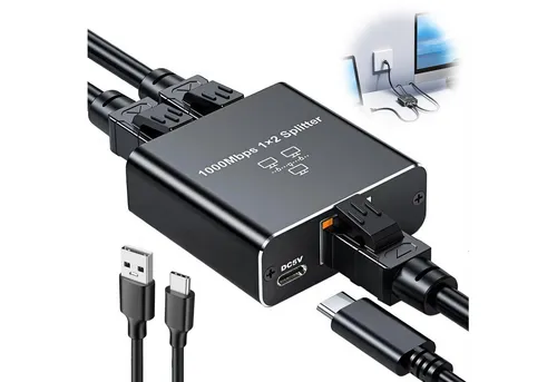 Luckice Ethernet-Splitter 1 zu 2 1000 Mbit/s, RJ45 mit Type-C-Netzkabel Netzwerk-Switch (Für Computerhub, Router, Set-Top-Box, Digitalfernseher)