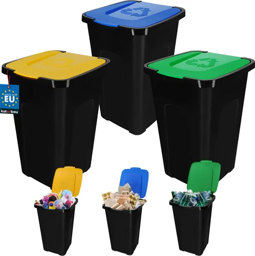 KOTARBAU® Müllbehälter mit Deckel 3er Set Gelb Blau Grün Mülltrennungssystem Haushalt Mülltonne 50l mit Deckel Mülltrennsystem Abstellraum Abfalltonne mit Deckel Werkstatt Mülleimer