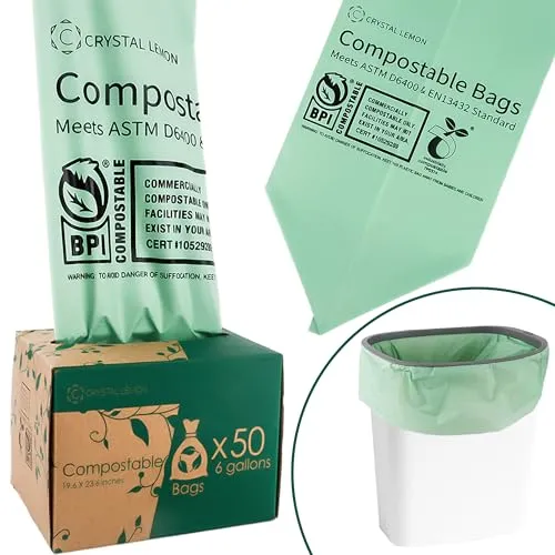 C CRYSTAL LEMON Kompostierbare Müllbeutel 22L (6 Gallon) – 50 Stück Rolle – Reißfest & Auslaufsicher Bioabfallbeutel für Küche, Biomüll & Haushalt – BPI-zertifiziert