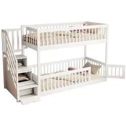 Etagenbett 90x200 Kinderbett mit Sicherheitstreppe und Schubladen, weißes Holzeinzelbett mit Stauraumbett für Kinder, Jugendliche