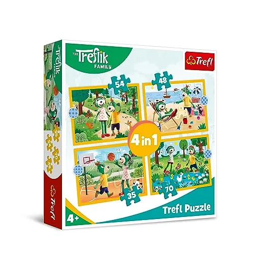 Trefl - The Treflik Family, Familie Treflik in den Ferien - Puzzle 4in1, 4 Spiele, von 35 bis 70 Elemente - Buntes Puzzle mit Helden des Märchens Familie Treflik, für Kinder ab 4 Jahren