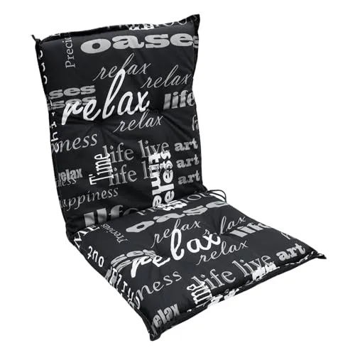 Spetebo Universal Niedriglehner Polster Auflage 100 x 50 cm - Lifestyle - Gartenstuhl Niederlehner Kissen mit Schriftzug - Sitzkissen Stuhlauflage schwarz mit Haltegurt