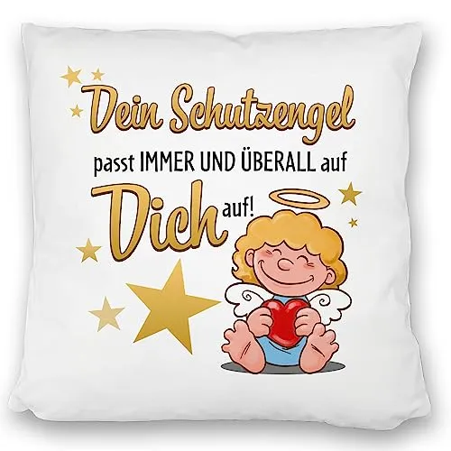 Schutzengel Kissen satiniert mit Spruch Dein Schutzengel passt Immer und überall auf Dich auf Geburtstag Taufe Kinder Freunde Familie Fürsorge DekoKissen satiniert schön