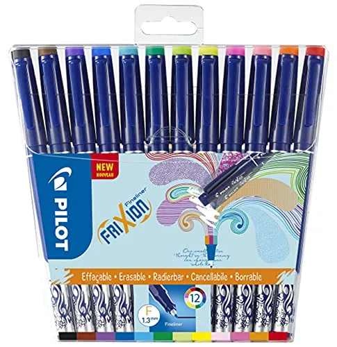 PILOT FriXion Fineliner, radierbar, 12er Set, Schwarz/Blau/Rot/Grün/Pink/Violett/Braun/Gelb/Orange/Babypink/Hellgrün/-blau