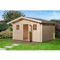 Weka Gartenhaus 110 Gr.1 - Hochwertiges Blockbohlenhaus - Gartenhäuser: Stabilität durch Blockbohlen und individuelles Design mit unbehandeltem Holz. Robustes Bitumendach schützt vor Regen. Viel Licht durch Fensterfront, ca. 26,8 m³ Raumvolumen.