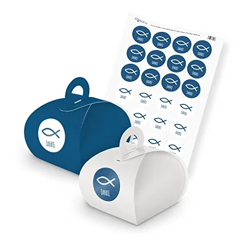 itenga SET Fisch 24x Gastgeschenk Geschenkschachtel mit Griff + Stickerbogen für Kommunion, Konfirmation, Taufe, Firmung