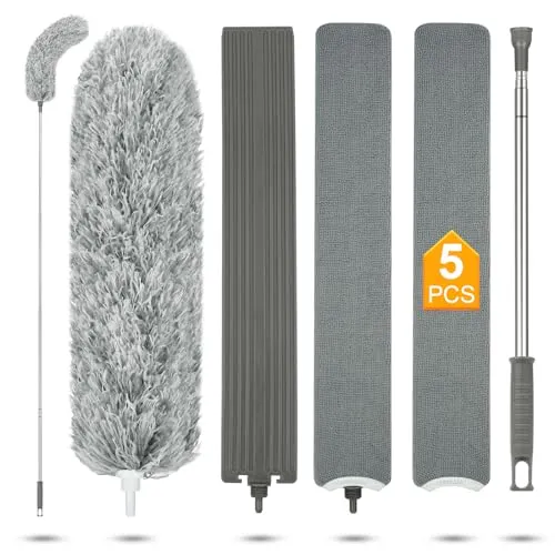 Vicloon 5 Pcs Staubwedel Teleskop Waschbar, Extra lang 2.44m, Staubwedel Lang Ausziehbar, Staubwischer Mikrofaser, Einziehbarer Spalt-Staubreiniger mit 2 Austauschbaren Tüchern, für Decken Spinnweben