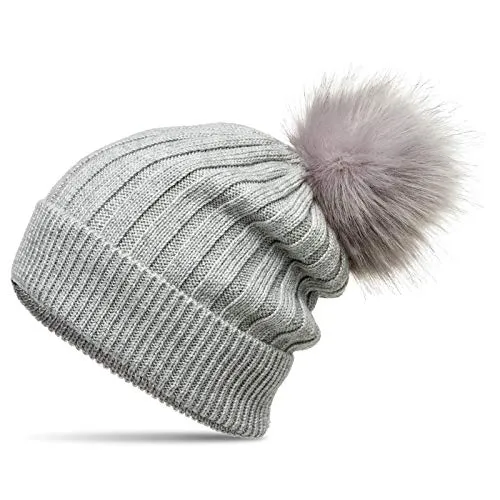 Caspar MU204 Gefütterte Damen Strick Long Beanie Mütze mit tierschutzgerechtem Kunstfell Bommel, Farbe:hellgrau, Größe:Einheitsgröße