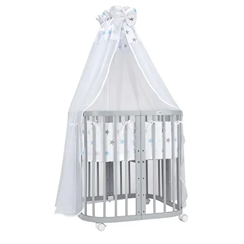 Mobiles Babybett aus Holz 7in1 mit Matratze und Sicherheitsgurt - Blau - Vielseitiges Babybett 7in1: Mitwachsend, 5-fach verstellbare Bodenhöhe und 3-teilige Matratze. Ideal für den Einsatz als Beistellbett oder Laufstall. Perfekt für kleine und mittelgroße Schlafzimmer.