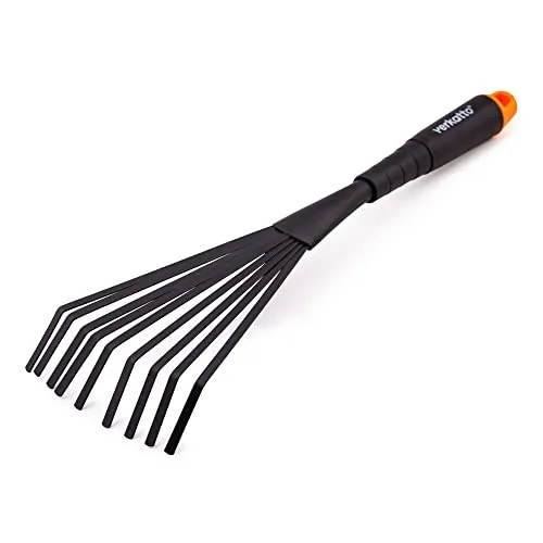 MIVOS Hand-Fächerbesen aus Stahl mit 9 Elastische Zinken – Laubbesen für Garten - Handrechen für Laub Unkraut Grasschnitt - Kleinfächerbesen zum Reinigen - Arbeitsbreite 12 cm