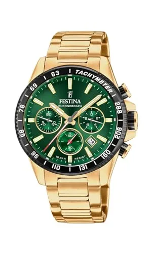 Festina F20634/4 Herrenuhr Chronograph Goldfarben/Grün - Sportlich Elegante Zeitmesser - Chronograph für Herren mit grünem Ziffernblatt, goldfarbenem Edelstahlarmband und wasserdicht bis 10 ATM – ideal für alle Anlässe.