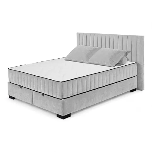 Stella Trading NAGOL C Boxbett 160x200, Silber - Bequemes Doppelbett mit Bettkasten und Premium 9-Zonen-Federkern Wendematratze - 185 x 114 x 214 cm (B/H/T)
