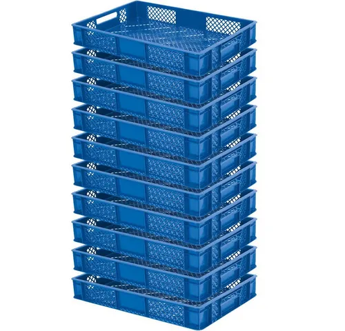 BRB-Lagertechnik Stapelbox 10x Eurobehälter - durchbrochen, LxBxH 600x400x90 mm - Stapelbox aus robustem, lebensmittelechtem Kunststoff, ideal für sicheren Transport und Lagerung. Mit optimaler Luftzirkulation und bis -40ºC kältebeständig, perfekt für Lebensmittel.