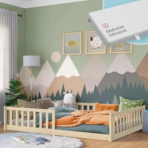 Bellabino Kinderbett Vere mit Rausfallschutz und Lattenrost - Holz-Bodenbett für Kinder, skandinavisches Design mit Rausfallschutz und Montessori-Prinzipien – ideal für sicheres Ein- und Aussteigen sowie erholsamen Schlaf.
