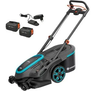 Gardena PowerMax Duo 46/36V P4A Akku Rasenmäher - Rasenmäher für Flächen bis 600 m², mit DuoBlade-Technologie für effizientes Mähen und ergonomischem Design. Inklusive 2 Akkus und Ladegerät für flexible Nutzung.