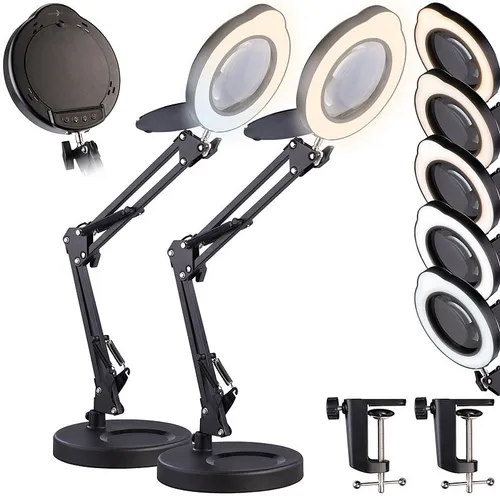 Lunartec 2er-Set LED-Lupenleuchte, 10-fach, CCT, 500 lm, Tischklemme/Standfuß