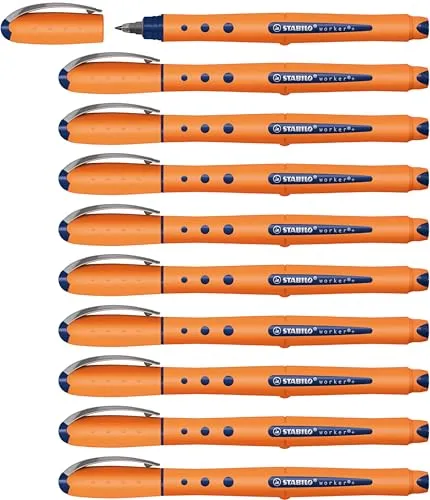 STABILO Tintenroller worker+ - 10er Pack blau - Schreibutensilien mit besonders sanftem Schreibgefühl und rutschfester Oberfläche. Ideal für präzises Schreiben unterwegs, mit Tintenstandskontrolle und robusten Spitzen.