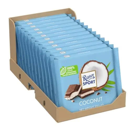 Ritter Sport Kokos (12 x 100 g), Vollmilch-Schokolade mit Kokos gefüllt, tropische Kokosraspeln in köstlicher Kokos-Milchcreme-Füllung, exotische Note