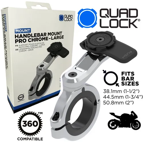 QUAD LOCK Motorrad Pro Lenkerhalterung für Smartphones - FAT Chrome - Robuste Lenkerhalterung für Smartphones, ideal für Motorräder. Sicherer Halt und einfache Montage, perfekt für den Einsatz auf der Straße.