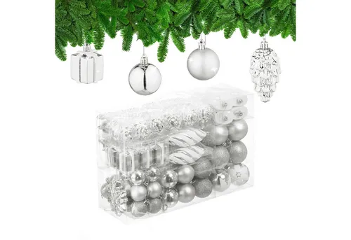relaxdays Weihnachtsbaumkugel Set 72er, silber - Weihnachtskugeln Set mit 72 Teilen, ideal für festliche Dekoration. Glitzernde und matte Kugeln in verschiedenen Größen und Formen sorgen für eine stimmungsvolle Atmosphäre und sind leicht aufzuhängen.