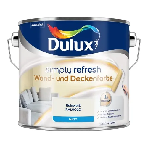 Dulux Simply Refresh Wand- und Deckenfarbe – Reinweiß RAL9010 - Farben – Erfrischende, langlebige Innenfarbe mit hoher Deckkraft und einfacher Verarbeitung für ein schönes Zuhause.