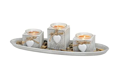 Teelichthalter Dekoset 8-teilig mit Tablett - Shabby weiß - Tischdeko Set inklusive Steine - Kerzen Tablett Teelicht Halter Tisch Deko Landhaus inklusive Kies