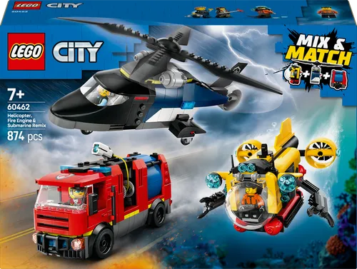 LEGO CITY Kombinationsset 60462: Hubschrauber, Löschauto & U-Boot - Lego Spielset für Kinder ab 7 Jahren mit 3 Fahrzeugen und 3 Minifiguren. Inklusive digitaler 3D-Bauanleitung für kreatives Bauen und spannende Abenteuer!