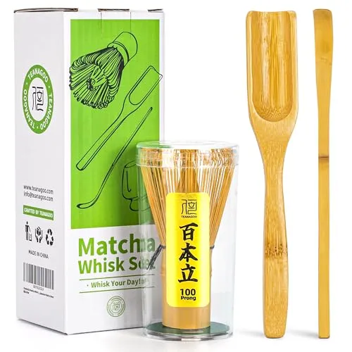 TEANAGOO Matcha Set| MatchaBesen Matcha-Zubehör, Matcha-Whisk(Chasen), traditionelle Schaufel (Chashaku), Teelöffel, Schneebesenhalter, I5, Das perfekte Set für die Zubereitung einer Tasse Matcha.