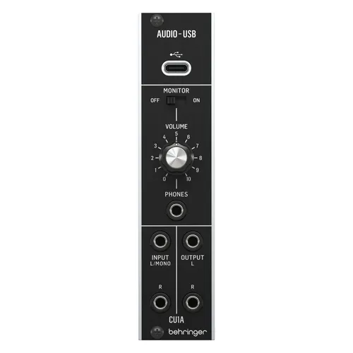 Behringer Cu1A 2-Kanal USB Audiointerface - Eurorack Modul mit 48 kHz Wandler, ideal für Musikproduzenten; bietet Kopfhöreranschluss mit Lautstärkeregler und Monitor-Schalter für präzises Abhören.