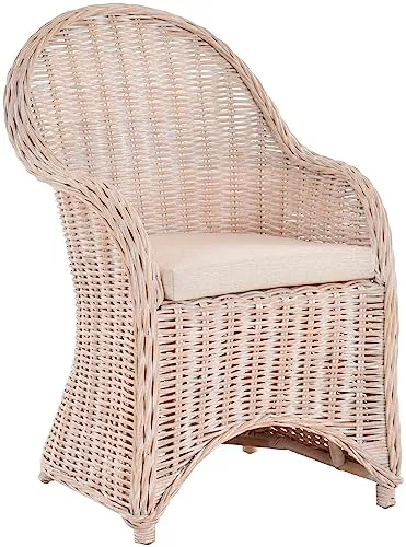 Korb-Outlet Esszimmer-Sessel Modern Alt-Weiß - Bequemer Flechtsessel im Kolonialstil aus Natur-Rattan, ideal für Esszimmer, Küche oder Flur. Inklusive abziehbarem Polster für hohen Sitzkomfort.