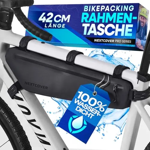 Nextcover® Bikepacking Rahmentasche [42 cm] - 100% Wasserdicht & Robuste Fahrradtasche für jedes Abenteuer - Kompakte 3,3L Unterrohrtasche für Handy & Reparaturset, ideal für Gravelbike, Rennrad & MTB. Hergestellt aus langlebigem TPU, schützt zuverlässig vor Nässe & bietet eine sichere Montage dank flexibler Klettverschlüsse.