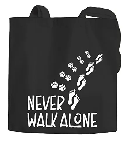 MoonWorks Jutebeutel Never walk alone Hund Pfoten Hundepfoten Pfotenabdrücke Hundebesitzer Baumwolltasche Stoffbeutel Tragetasche schwarz 2 lange Henkel