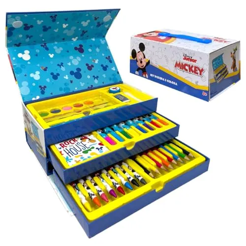CARTOON Koffer mit Farben für Kinder Disney Micky Maus Set 52 Stück Schreibwaren Box mit Schubladen Zeichen- und Malset