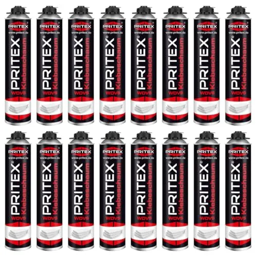 PRITEX – WDVS Klebeschaum 16 x 750 ml zum Isolieren, Fixieren & Befestigen – Dämmstoffkleber mit sehr guter Haftung, niedrigem Aushärtedruck & geringer Nachdehnung – Bauschaum für Montagepistole