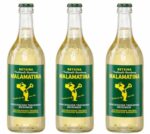 Retsina Malamatina 3x 0,5l Flasche | Geharzter Weißwein aus Griechenland | 10,5% Vol. | +20ml Jassas Olivenöl