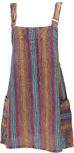 GURU SHOP Gestreifter Boho Latzrock - Rot/Senf, Damen, Größe XL - Stylisches Boho Latzkleid aus vorgewaschener Baumwolle, mit verstellbaren Trägern und praktischen Seitentaschen, ideal für lässige Sommerlooks.