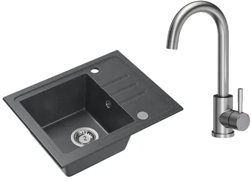 VBChome Granitspüle Schwarz 55x44 cm – Pflegeleichte Einbauspüle mit Inox Armatur - 1 Becken – Massive Granitspüle mit hitzebeständiger Oberfläche, ideal für kleine Küchen. Reversibel einbaubar und inklusive praktischer Edelstahlarmatur für Komfort und Stil.