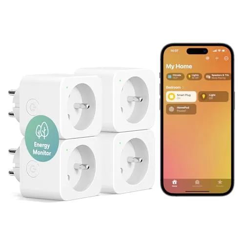 Meross Steckdose (Typ E), 16A WiFi-Steckdose Kompatibel mit HomeKit, Alexa und Google Home, 4er-Set Steckdose mit Stromverbrauchsmessung, Sprachsteuerung und Fernbedienung