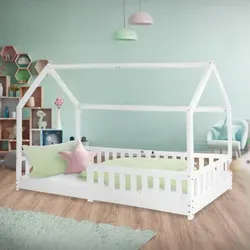 ML-DESIGN Kinderbett Hausbett mit Rausfallschutz - Betten für Kinder, kreatives Abenteuerbett aus Kiefer in Weiß mit stabilem Lattenrost und sicherem Rausfallschutz für unbesorgtes Schlafen und Spielen.