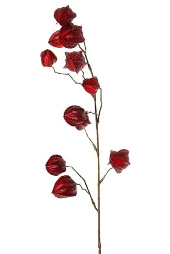 artplants.de Kunst Physalis Zweig AINOS, Früchte, Glitzer, Burgunderrot, 80cm - Künstlicher Deko Zweig