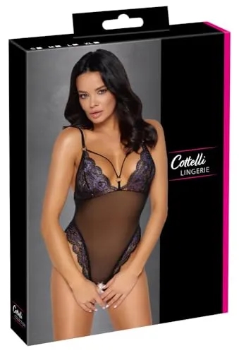 Cottelli Collection Body Ouvert - Transparenter Spitzenbody in Schwarz und Lila (1-tlg) - Verführerischer Body mit offenem Schritt, aus 90% Polyamid und 10% Elasthan. Ideal für besondere Anlässe, sexy Schnitt und transparente Spitze sorgen für einen aufregenden Look.