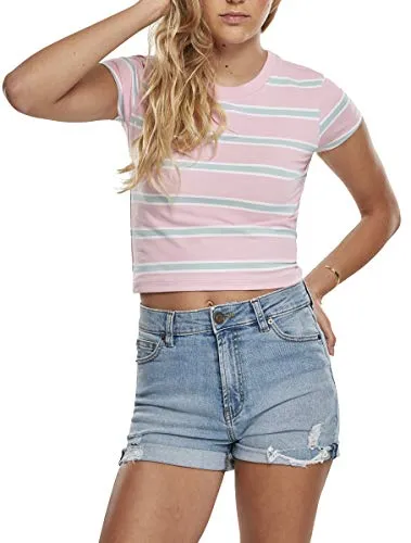 Urban Classics Ladies Stripe Cropped Tee girlypink/Oceanblue S