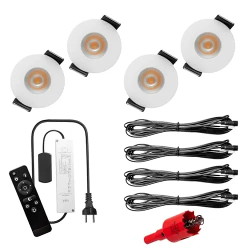 S-Polytec PREMIUM Mini LED- Einbauspots Warmweiss 3.000K, DIMMBAR, IP65, FUNK 3W Einbaustrahler Terrassenüberdachung, Bad, Sauna mit Fernbedienung (WEISS, 4x LED-SET)